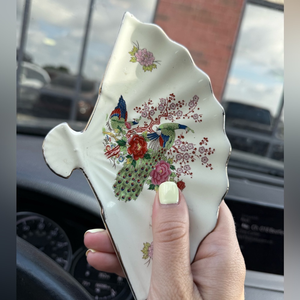 Floral vintage Japanese Ceramic Fan Trinket Dish